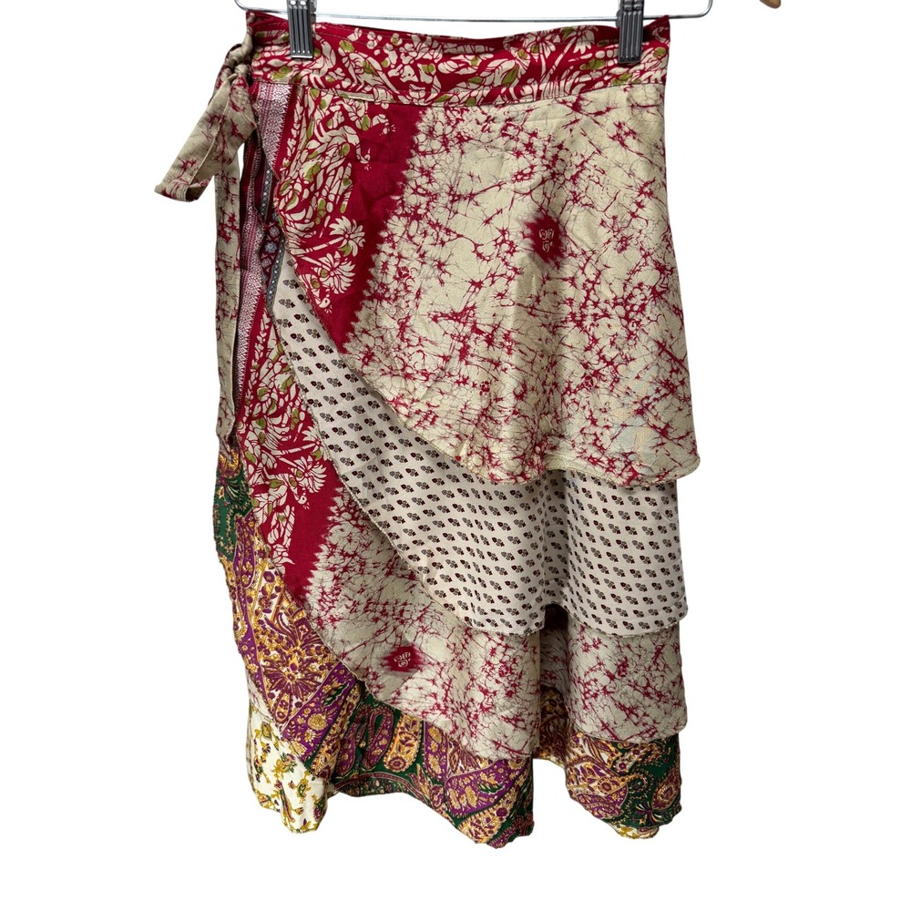 Sacred Threads Skirt OS Red Batik Paisley Tiered Ruffle Bohemian Wrap Skirt